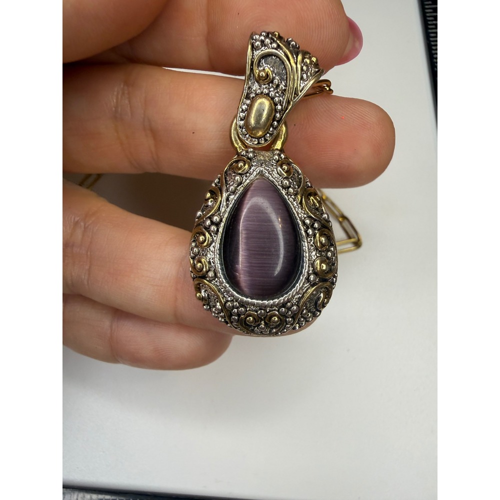 Mixed Metal Purple‎ Cats Eye Teardrop Pendant Necklace Gold Tone Paperclip Chain